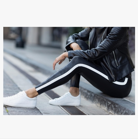 Spanx Faux Leather leggings Tummy Control with Side Stripe - Picture 1 of 3